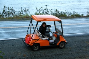 Ed helping Frank, by playing in his golf cart